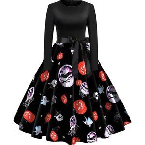 Women Halloween Dresses Long Sleeve Cocktail Swing Dress Cosplay Party Costume